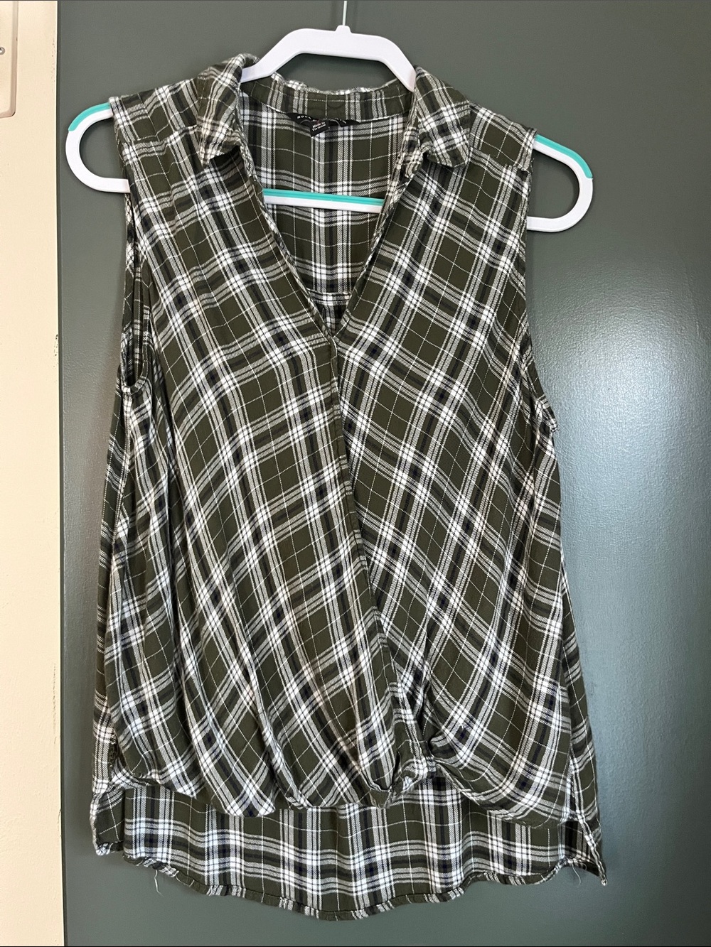 Sleeveless Olive Plaid Wrap-Front Top